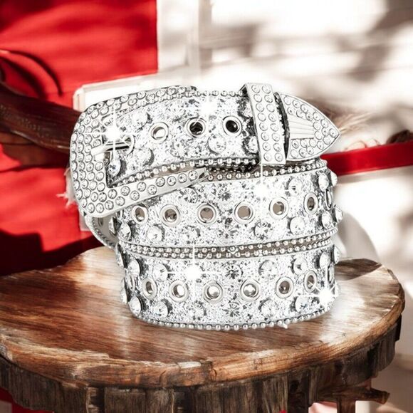 Western Silver Rhinestone Studded Statement Belt NEW - Picture 1 of 2